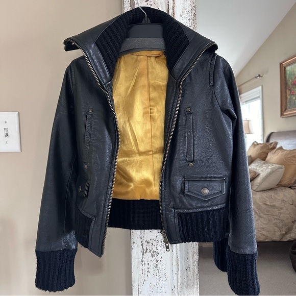 Twill Twenty Two Leather Bomber with Wool Trim - Picture 3 of 7